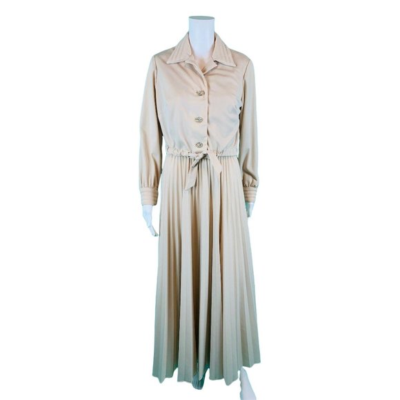 Vintage 70s Dress Set Womens M Khaki Rhinestone Buttons Dramatic Pleated Maxi Sk - Picture 3 of 10